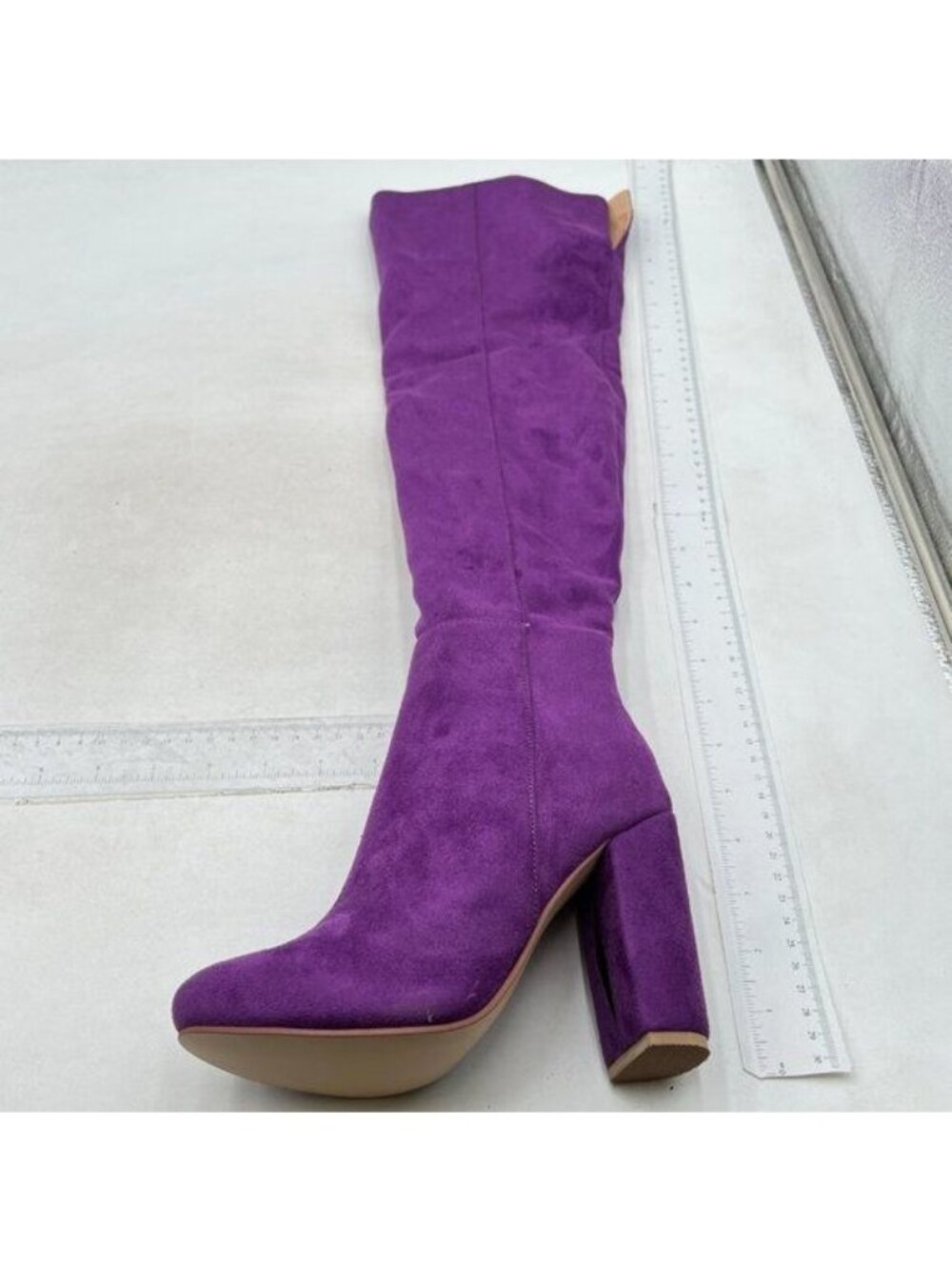 Women Thick High Heel Knee High Long Boots Closed Toe Pull On Faux Sued Purple